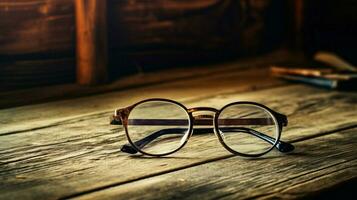 old fashioned eyeglasses on antique wooden desk working photo