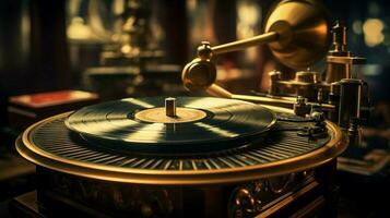 old fashioned gramophone and metal turntable foreground photo