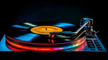 old fashioned turntable playing multi colored disco disk photo