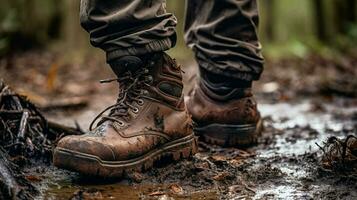 old leather hiking boots worn by men in muddy nature photo