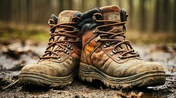 old leather hiking boots worn by men in muddy nature photo