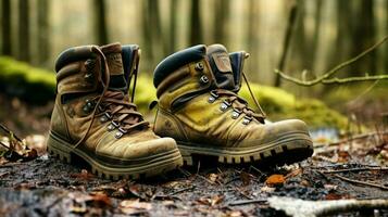 old leather hiking boots worn by men in muddy nature photo