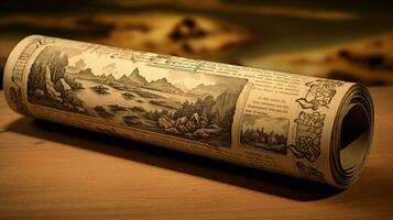 old newspaper roll with landscape scene photo