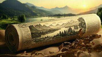 old newspaper roll with landscape scene photo
