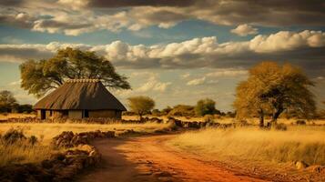 old thatched roof cottage in african landscape photo