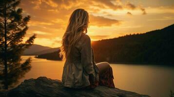 one beautiful woman in nature looking away enjoying photo