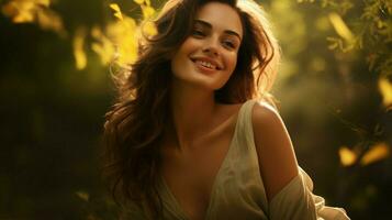 uno hermosa mujer joven y elegante sonriente en naturaleza foto