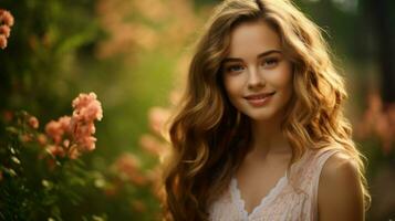 one beautiful woman young and elegant smiling in nature photo