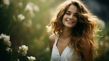 one beautiful woman young and elegant smiling in nature photo
