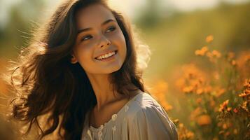 uno hermosa mujer joven y elegante sonriente en naturaleza foto