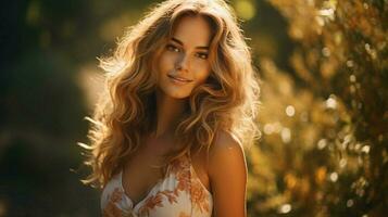 uno hermosa mujer joven y elegante sonriente en naturaleza foto