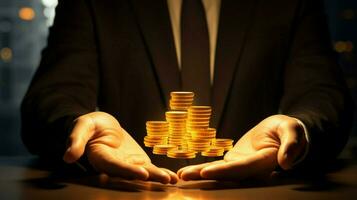 one businessman holds glowing gold coin stack photo