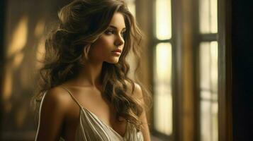 one beautiful young woman with brown hair looking away photo