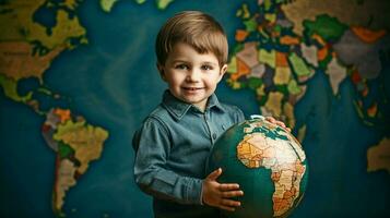 uno niño en pie aprendizaje acerca de global geografía foto