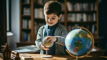 uno niño en pie aprendizaje acerca de global geografía foto