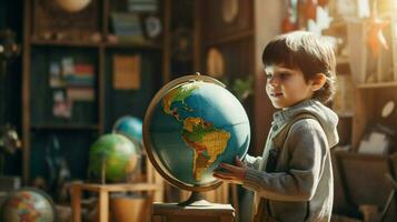 uno niño en pie aprendizaje acerca de global geografía foto