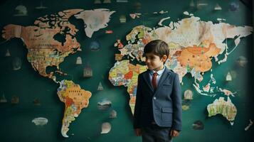 one child standing learning about global geography photo