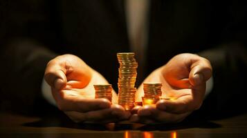 one businessman holds glowing gold coin stack photo