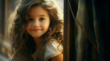 uno linda niña con marrón pelo mirando mediante ventana sonriente foto