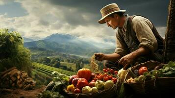 one farmer harvesting fresh organic vegetables outdoors photo