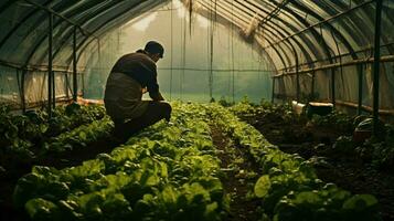 uno hombre cosecha Fresco vegetales en invernadero foto