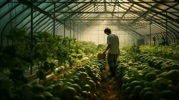 uno hombre cosecha Fresco vegetales en invernadero foto