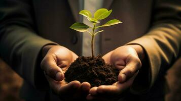 one man holding freshly planted seedling developing growth photo