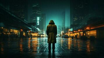 uno hombre en impermeable solo en oscuro mojado ciudad foto