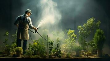 uno hombre pulverización agua en creciente plantas foto