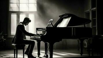 one musician playing a piano indoors in monochrome photo