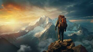 one person conquering adversity backpack mountain peak photo