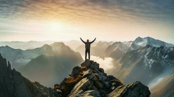 one person hiking mountain peak enjoying freedom photo