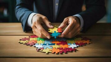 one person holding jigsaw puzzle solution success photo