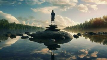 one person meditating standing on rock reflecting photo