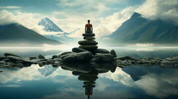 one person meditating standing on rock reflecting photo