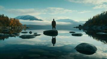 one person meditating standing on rock reflecting photo