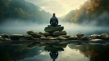 one person meditating standing on rock reflecting photo