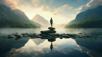 one person meditating standing on rock reflecting photo