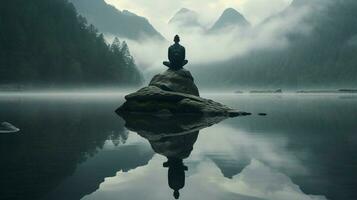 one person meditating standing on rock reflecting photo