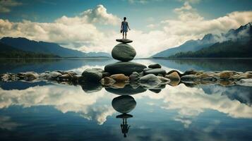 one person meditating standing on rock reflecting photo