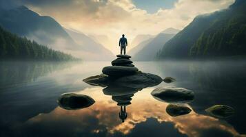 one person meditating standing on rock reflecting photo