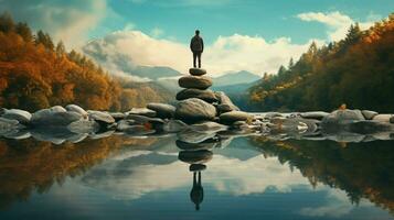 one person meditating standing on rock reflecting photo