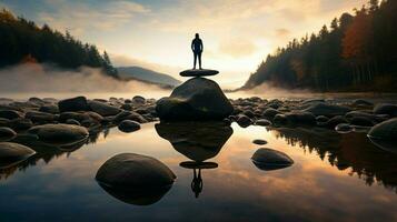 one person meditating standing on rock reflecting photo