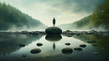 uno persona meditando en pie en rock reflejando foto