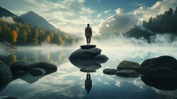 one person meditating standing on rock reflecting photo