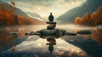 one person meditating standing on rock reflecting photo