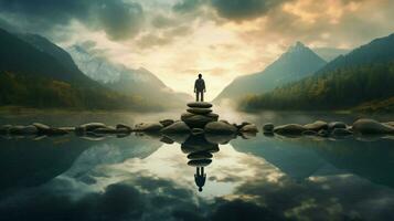 one person meditating standing on rock reflecting photo