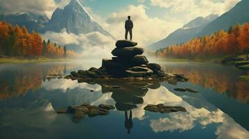 one person meditating standing on rock reflecting photo