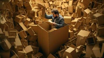 one person packing cardboard box for shipment photo