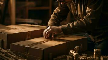 one person packing cardboard box for shipment photo